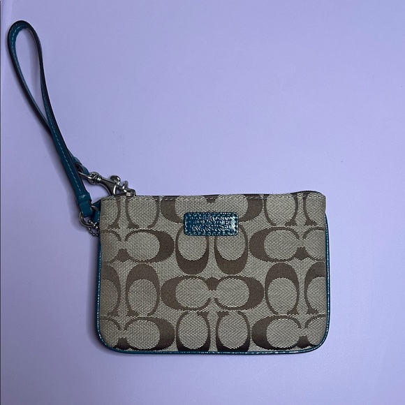 Coach Signature Brown and Teal Wristlet - Picture 1 of 6